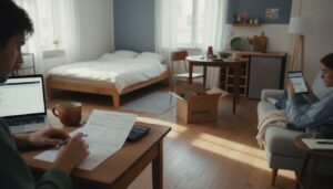 Junger Erwachsener in kleiner Wohnung am Schreibtisch mit Unterlagen zur Budgetplanung