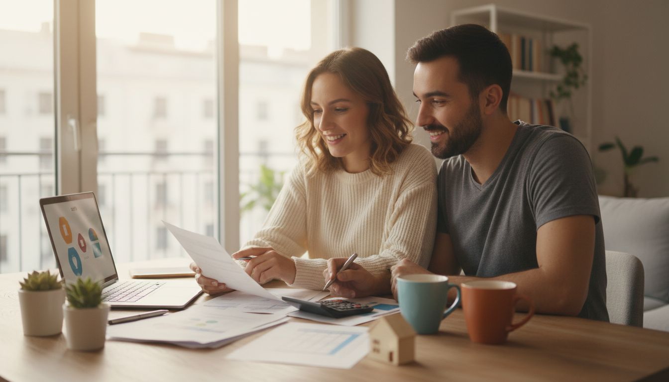 Junges Paar überprüft gemeinsam Versicherungsunterlagen in heller, moderner Wohnung