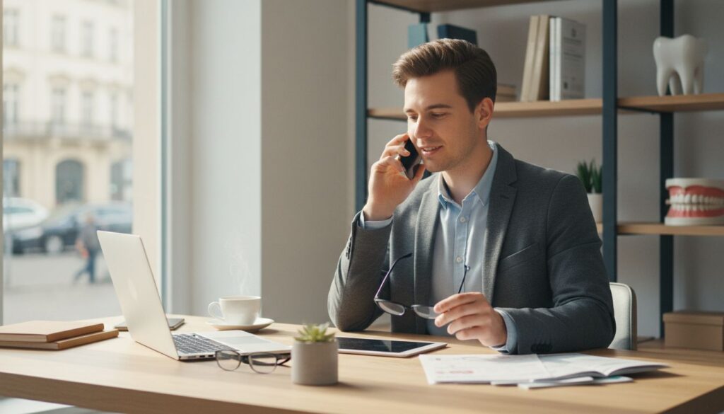Junger Berufseinsteiger in einem modernen Büro prüft Versicherungsunterlagen mit Laptop, Tablet und Brille.
