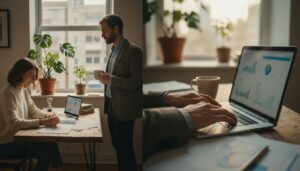 Junger Erwachsener in modernem Homeoffice beim Planen seiner Rentenvorsorge