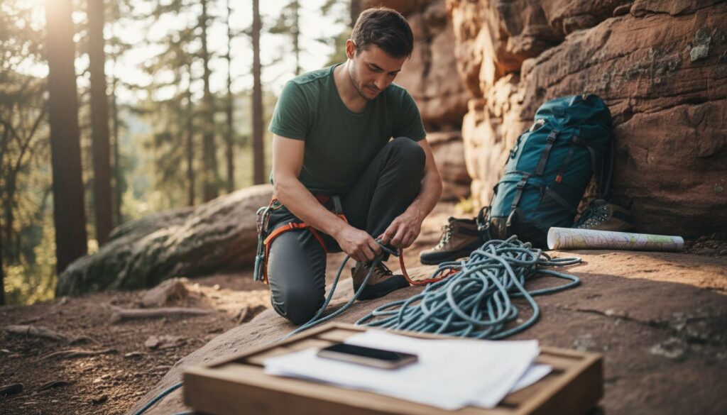 Junger Erwachsener beim Vorbereiten zum Bouldern mit Kletterausrüstung im Freien neben einem Rucksack und Kartenmaterial