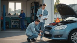 Junger Erwachsener mit Checkliste und Smartphone neben einem Gebrauchtwagen in einer Werkstatt