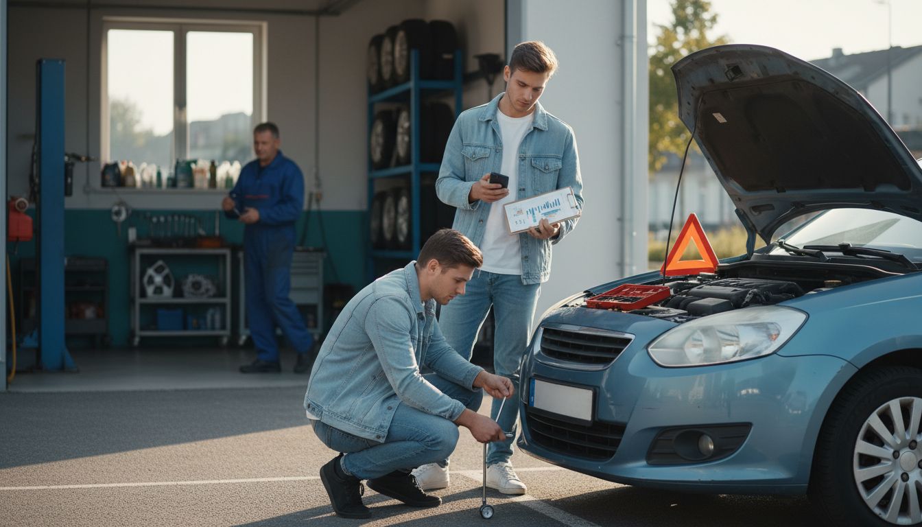 Junger Erwachsener mit Checkliste und Smartphone neben einem Gebrauchtwagen in einer Werkstatt