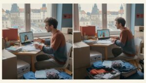 Junger Europäer bei der Vorbereitung auf einen Auslandsjob am Schreibtisch mit Unterlagen und Laptop