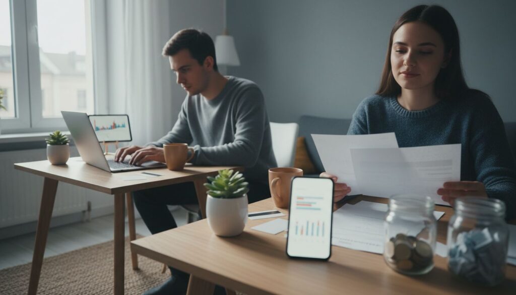 Junge Erwachsene analysieren in gemütlicher Wohnung Finanzunterlagen mit Laptop und Charts