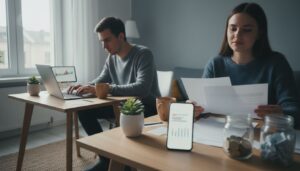 Junge Erwachsene analysieren in gemütlicher Wohnung Finanzunterlagen mit Laptop und Charts