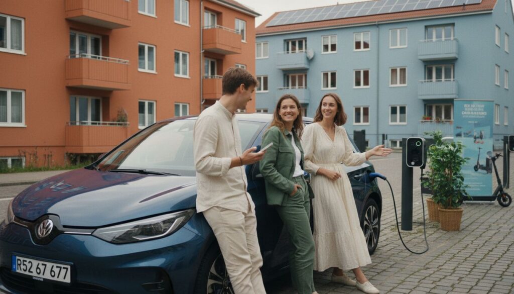 Drei junge Erwachsene stehen neben einem Elektroauto mit Ladekabel in urbanem Umfeld mit Solarpanels und Ladestation.