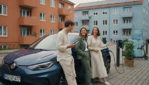 Drei junge Erwachsene stehen neben einem Elektroauto mit Ladekabel in urbanem Umfeld mit Solarpanels und Ladestation.