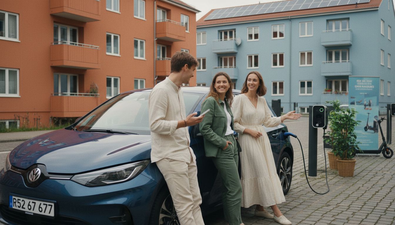 Drei junge Erwachsene stehen neben einem Elektroauto mit Ladekabel in urbanem Umfeld mit Solarpanels und Ladestation.