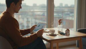 Junger Erwachsener plant seine Finanzziele mit Tablet an einem Schreibtisch mit Modellauto und Miniaturhaus