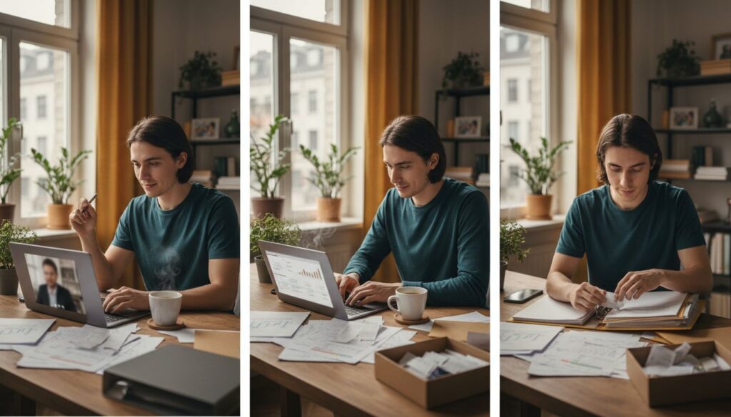 Junger Erwachsener arbeitet an Finanzunterlagen mit Laptop und Kaffee am Tisch