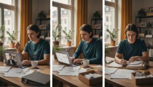 Junger Erwachsener arbeitet an Finanzunterlagen mit Laptop und Kaffee am Tisch