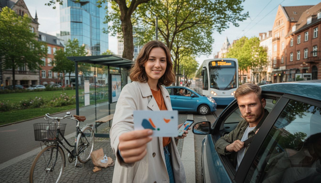 Junge Erwachsene nutzen Fahrrad, Tram und Auto in städtischer Szenerie ohne sichtbare Beschriftungen