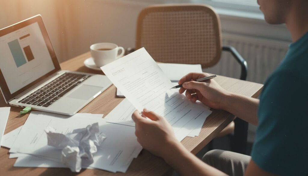 Junger Erwachsener überprüft Versicherungsunterlagen bei Tageslicht an einem modernen Schreibtisch