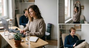 Junge erwachsene Person arbeitet entspannt an einem ergonomischen Schreibtisch im Homeoffice mit externer Tastatur und Maus