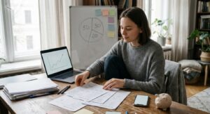 Junge erwachsene Person plant am Schreibtisch Budget, Rücklagen und Sparziele mit Laptop und Unterlagen