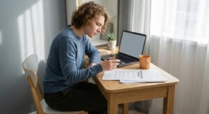 Junge erwachsene Person prüft am Schreibtisch konzentriert den ersten Arbeitsvertrag und macht sich Notizen