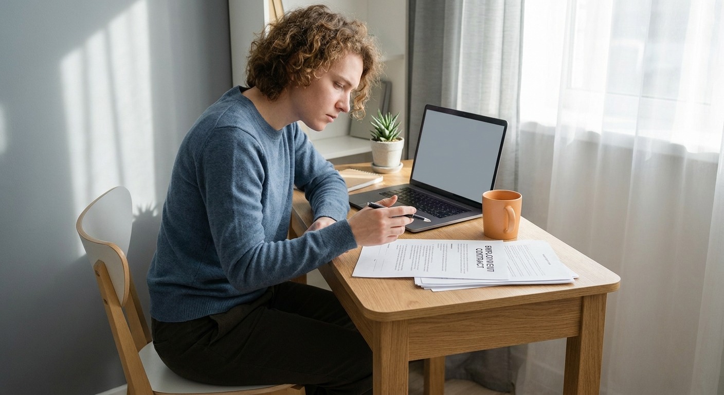 Junge erwachsene Person prüft am Schreibtisch konzentriert den ersten Arbeitsvertrag und macht sich Notizen