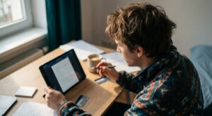 Junge erwachsene Person prüft am Schreibtisch Unterlagen und digitale Checkliste für den Berufsstart