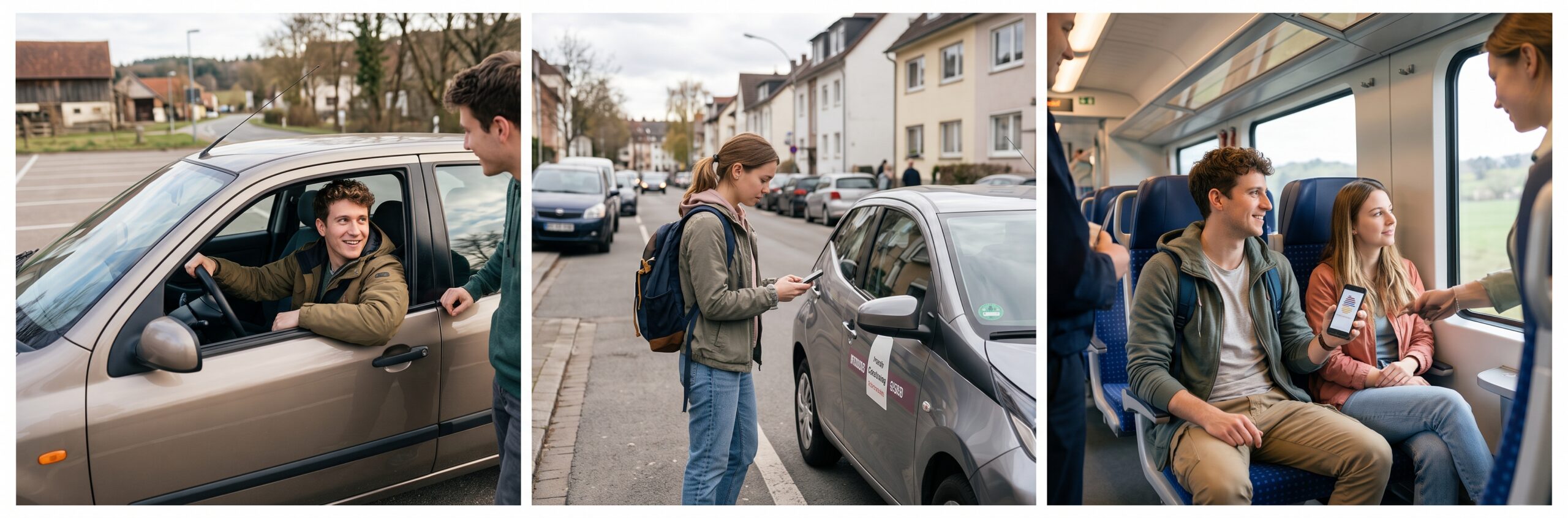 Junge Erwachsene vergleichen in der Stadt Auto, Carsharing und Bus für ihren Alltag.