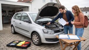 Zwei junge Erwachsene im Auto prüfen Checkliste und Warnleuchten für das erste eigene Auto