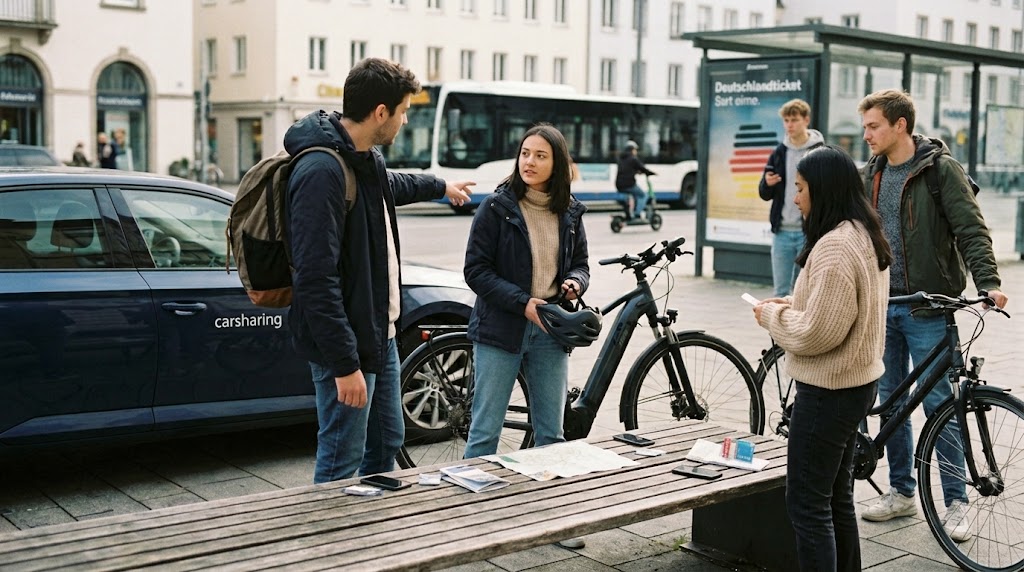 Junge Erwachsene vergleichen in der Stadt Fahrrad, E-Bike, Carsharing und Bus für ihren Alltag.