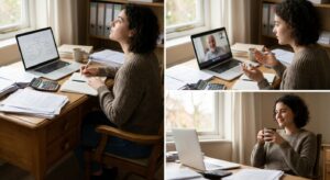 Absolventin plant am Schreibtisch ihre Selbstständigkeit mit Laptop, Unterlagen und Rechner