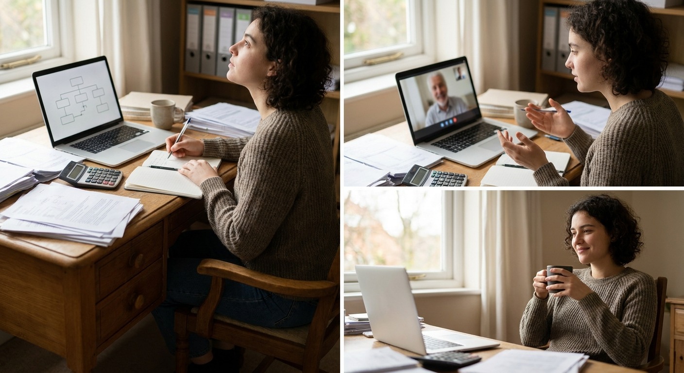 Absolventin plant am Schreibtisch ihre Selbstständigkeit mit Laptop, Unterlagen und Rechner