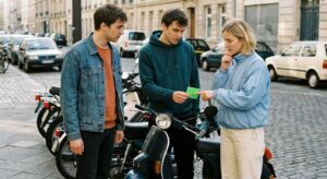 Drei junge Erwachsene bereiten ihre Mopeds vor und befestigen ein neues Versicherungskennzeichen.