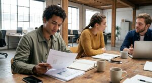 Drei junge Erwachsene besprechen Unterlagen und Finanzplanung an einem Tisch im Co-Working-Space