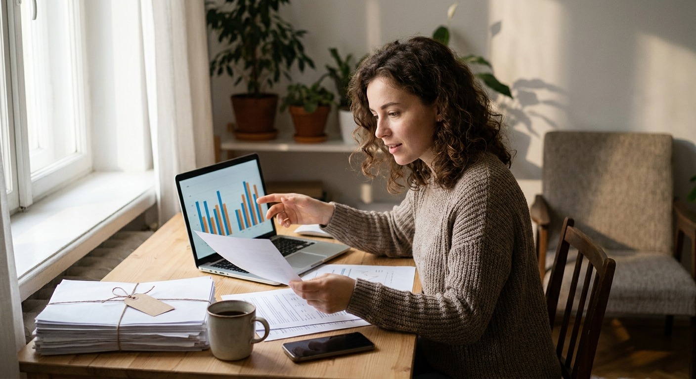 Freelancer prüft Versicherungsunterlagen und vergleicht am Laptop Kranken- und Haftpflichtoptionen im Homeoffice