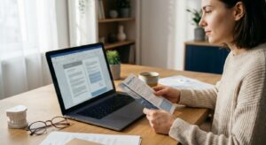 Junge berufstätige Person prüft Versicherungsunterlagen am Laptop, mit Brille, Zahnmodell und Tasse auf dem Schreibtisch