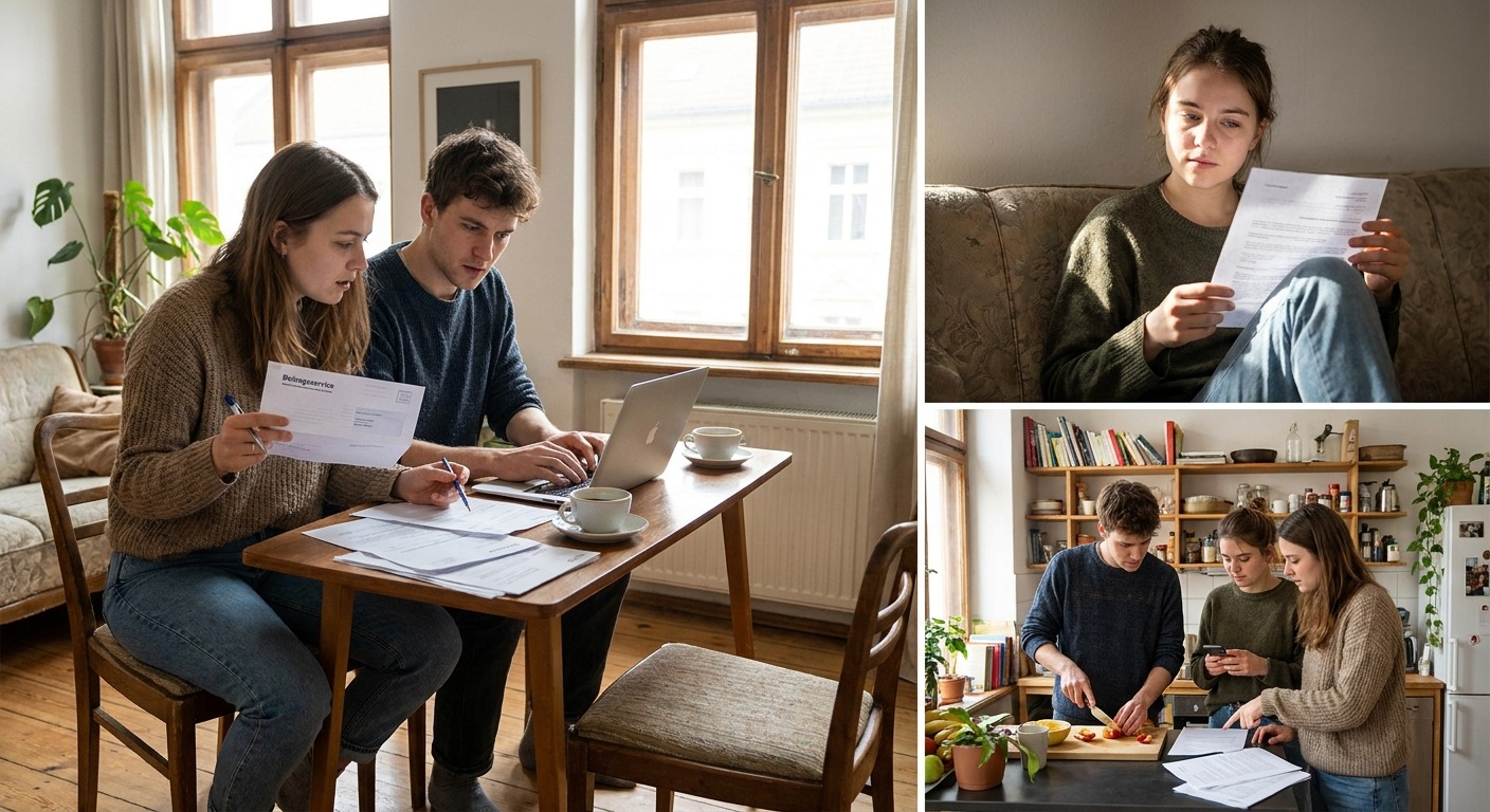 Junge Erwachsene in einer WG besprechen Briefe und Unterlagen zum Rundfunkbeitrag am Tisch
