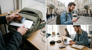 Junge erwachsene Person im Café mit Laptop, Smartphone und Kamera neben einem Rucksack