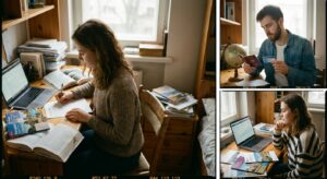Junge erwachsene Person plant am Schreibtisch ein Auslandsstudium mit Dokumenten, Laptop und Reisepapieren