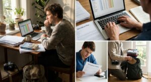 Junge erwachsene Person plant am Schreibtisch mit Unterlagen und Laptop eine längere berufliche Auszeit