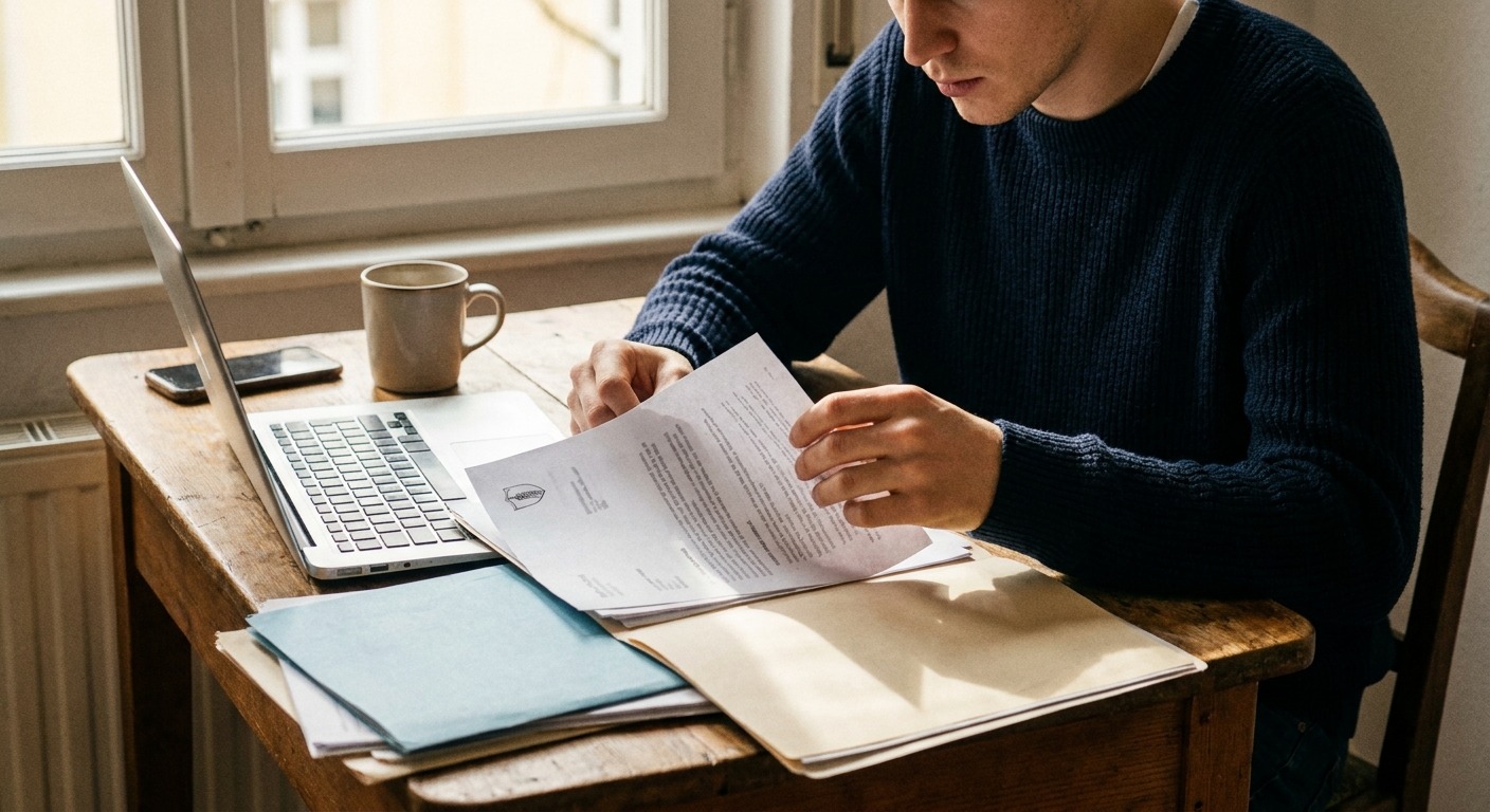 Junge erwachsene Person prüft am Schreibtisch einen Arbeitsvertrag und Versicherungsunterlagen