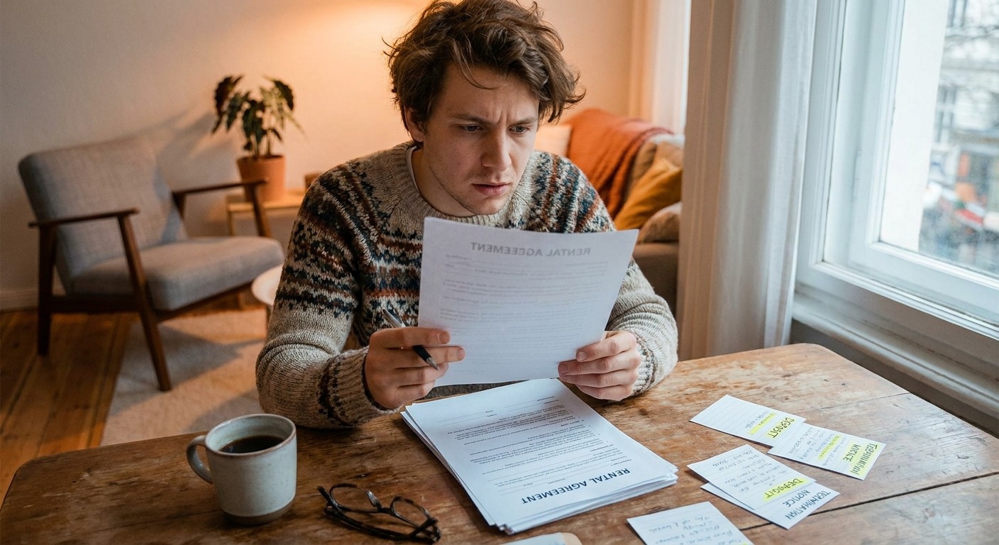Junge erwachsene Person prüft am Schreibtisch in der Wohnung aufmerksam einen Mietvertrag mit Notizen und Kaffee