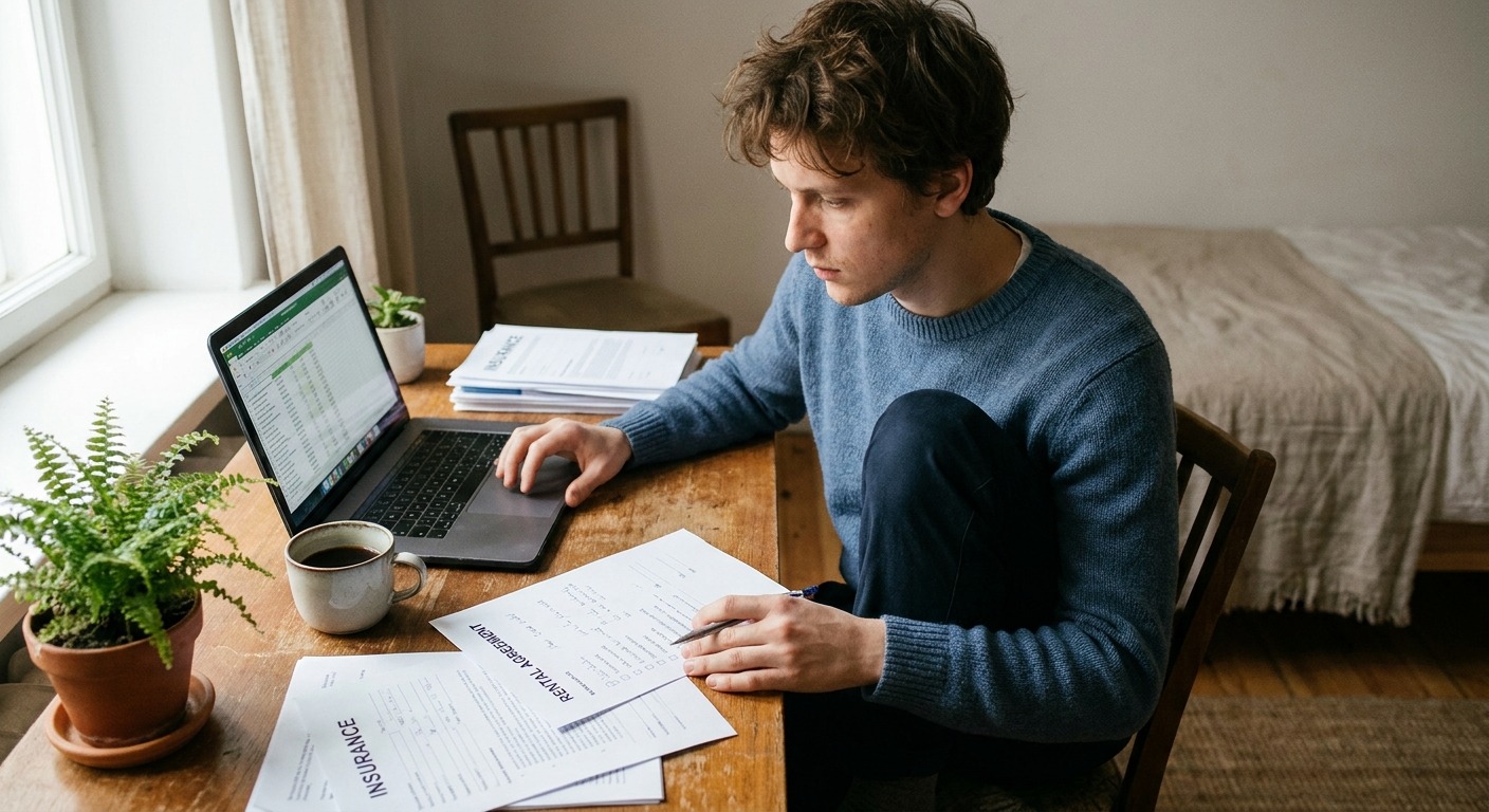 Junge erwachsene Person prüft am Schreibtisch Mietvertrag, Checkliste und Budget für die erste Wohnung