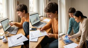 Junge erwachsene Person prüft am Schreibtisch Unterlagen zur Altersvorsorge neben einem Laptop