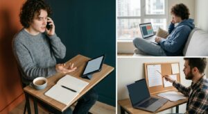 Junge erwachsene Person prüft in der ersten eigenen Wohnung Versicherungsunterlagen auf einem Tablet