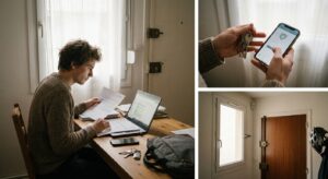 Junge erwachsene Person prüft Versicherungsunterlagen am Schreibtisch in einer gesicherten Wohnung