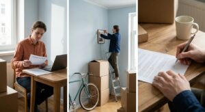 Junge erwachsene Person prüft Versicherungsunterlagen beim Auspacken in der ersten Wohnung