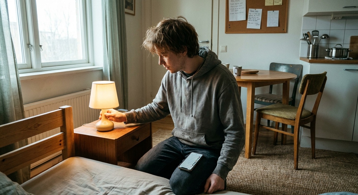 Junge erwachsene Person richtet ihre erste Wohnung ein und prüft dabei eine Budgetplanung auf dem Smartphone