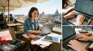 Junge Person arbeitet mit Laptop auf einer Caféterrasse, Reisedokumente und Pass liegen auf dem Tisch