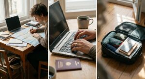 Junger Erwachsener plant am Schreibtisch eine Weltreise mit Karten, Laptop, Rucksack und Versicherungsunterlagen