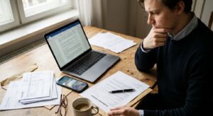 Junger Erwachsener prüft am Schreibtisch Arbeitsvertrag und Unterlagen zum Berufsrechtsschutz