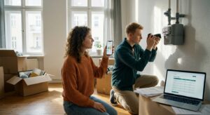 Junges Paar beim Umzug: eine Person fotografiert Strom- und Gaszähler, die andere prüft Tarife am Smartphone.