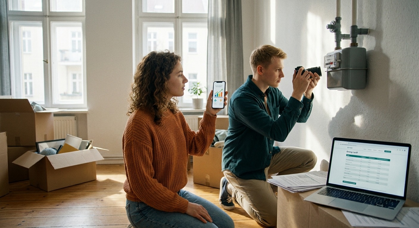 Junges Paar beim Umzug: eine Person fotografiert Strom- und Gaszähler, die andere prüft Tarife am Smartphone.