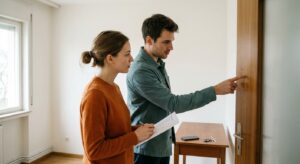 Junges Paar prüft bei der Wohnungsübergabe Schäden, Schlüssel und Unterlagen in einer hellen Mietwohnung
